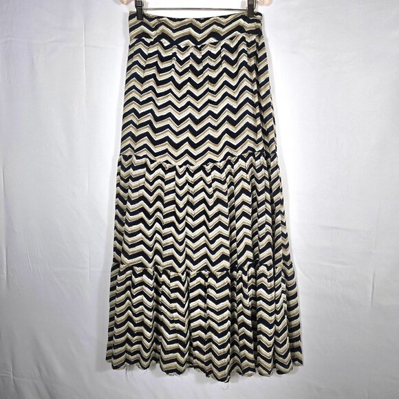 Solitaire Tiered Maxi Skirt Sz S Chevron Print Peasant Pull On Hippie Boho Gypsy - Picture 1 of 5